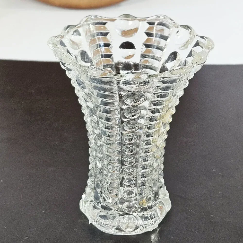 Vtg Indiana Clear Glass Bud Vase Art Deco dot dash Textured Scalloped Mayflower